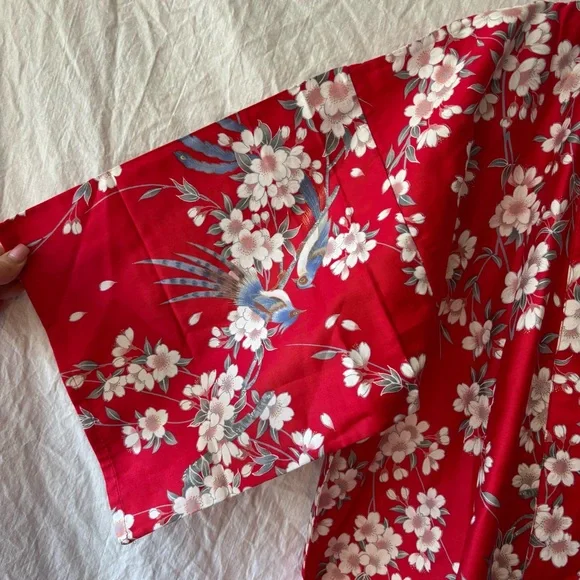 NWOT Vintage 100% Cotton Red Floral Japanese Kimono Robe - Picture 6 of 6